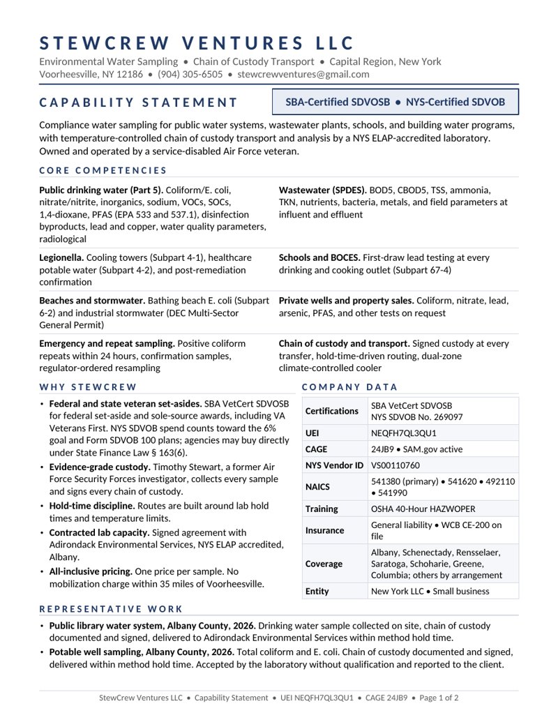 Preview of page 1 of the StewCrew Ventures capability statement