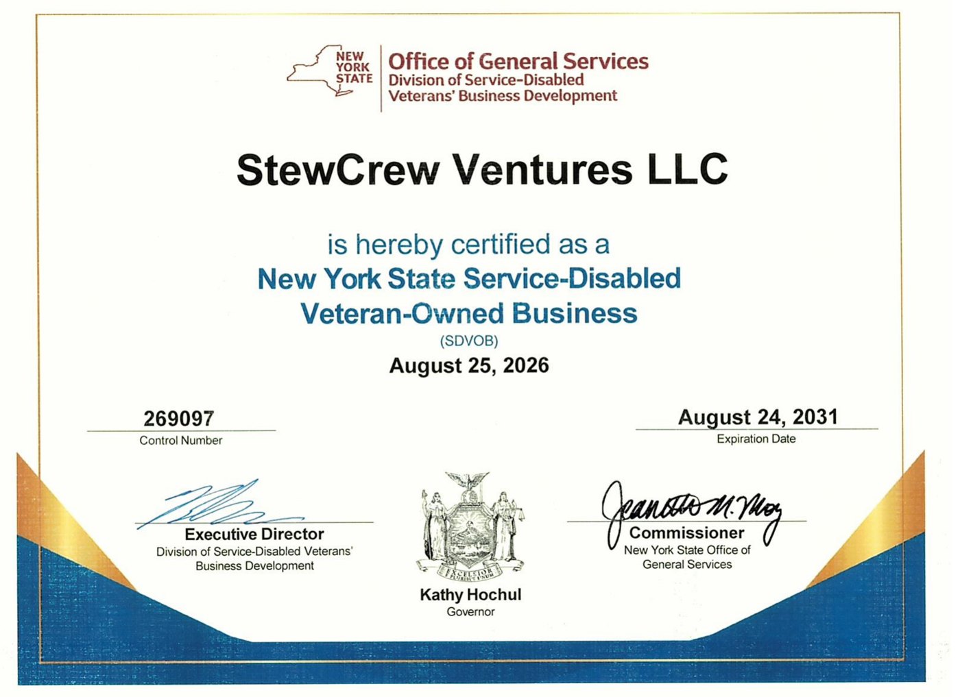 New York State Service-Disabled Veteran-Owned Business certificate for StewCrew Ventures LLC, control number 269097, certified August 25, 2026, expires August 24, 2031