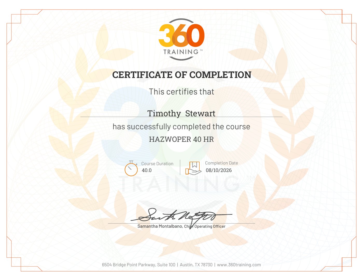 Certificate of completion for Timothy Stewart, HAZWOPER 40-hour course, completed August 10, 2026, issued by 360training